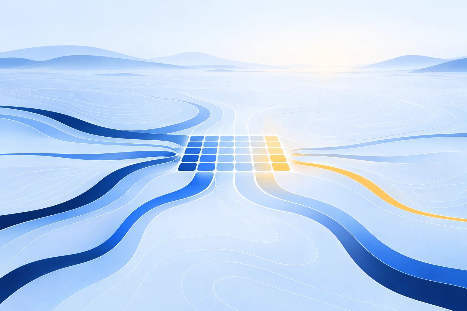 Curved route lines cross an open plain and settle into an ordered grid, with cool blue tones meeting warm amber.