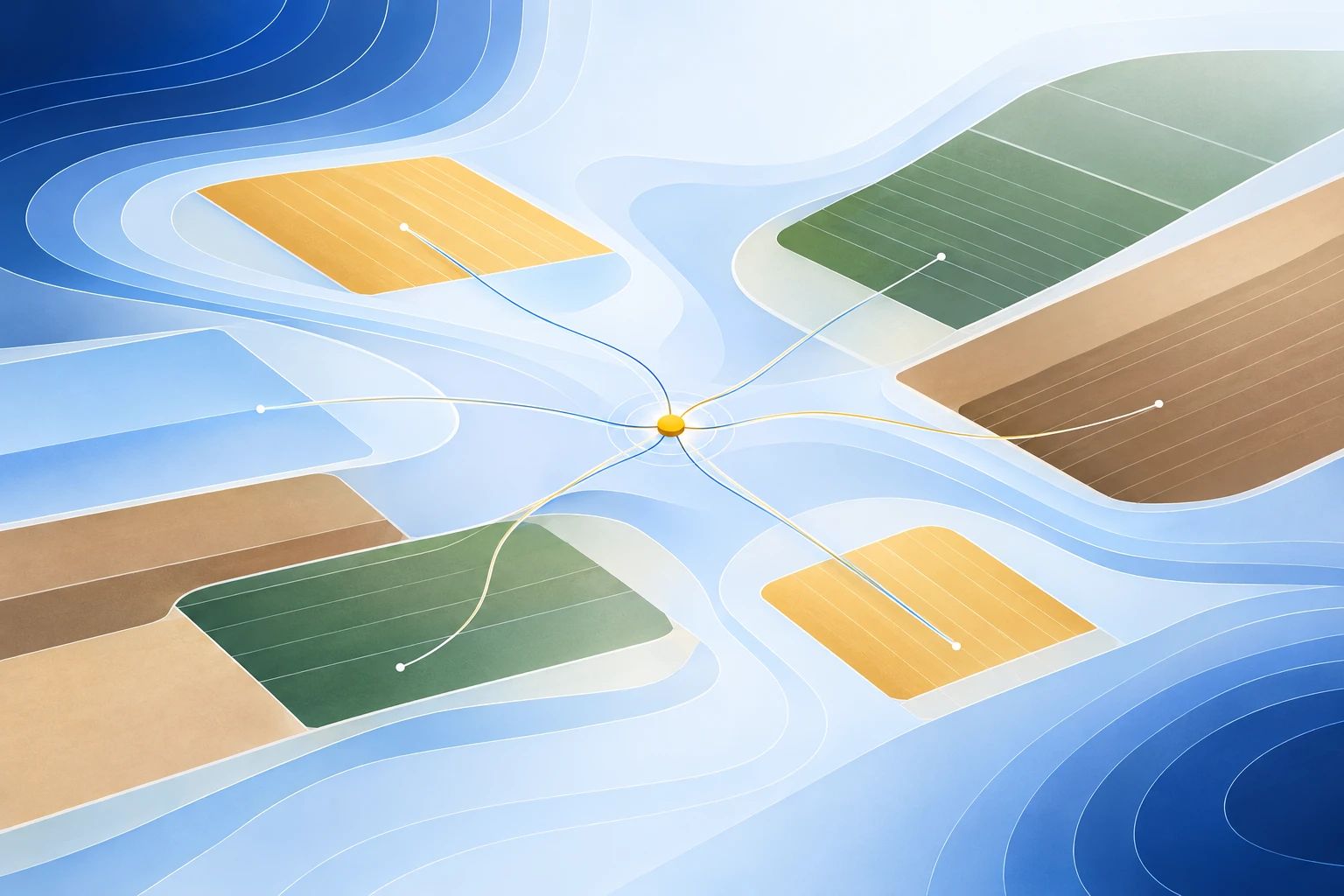 Abstract contour bands and field shaped plots in earth tones, connected by thin lines that meet at one point.