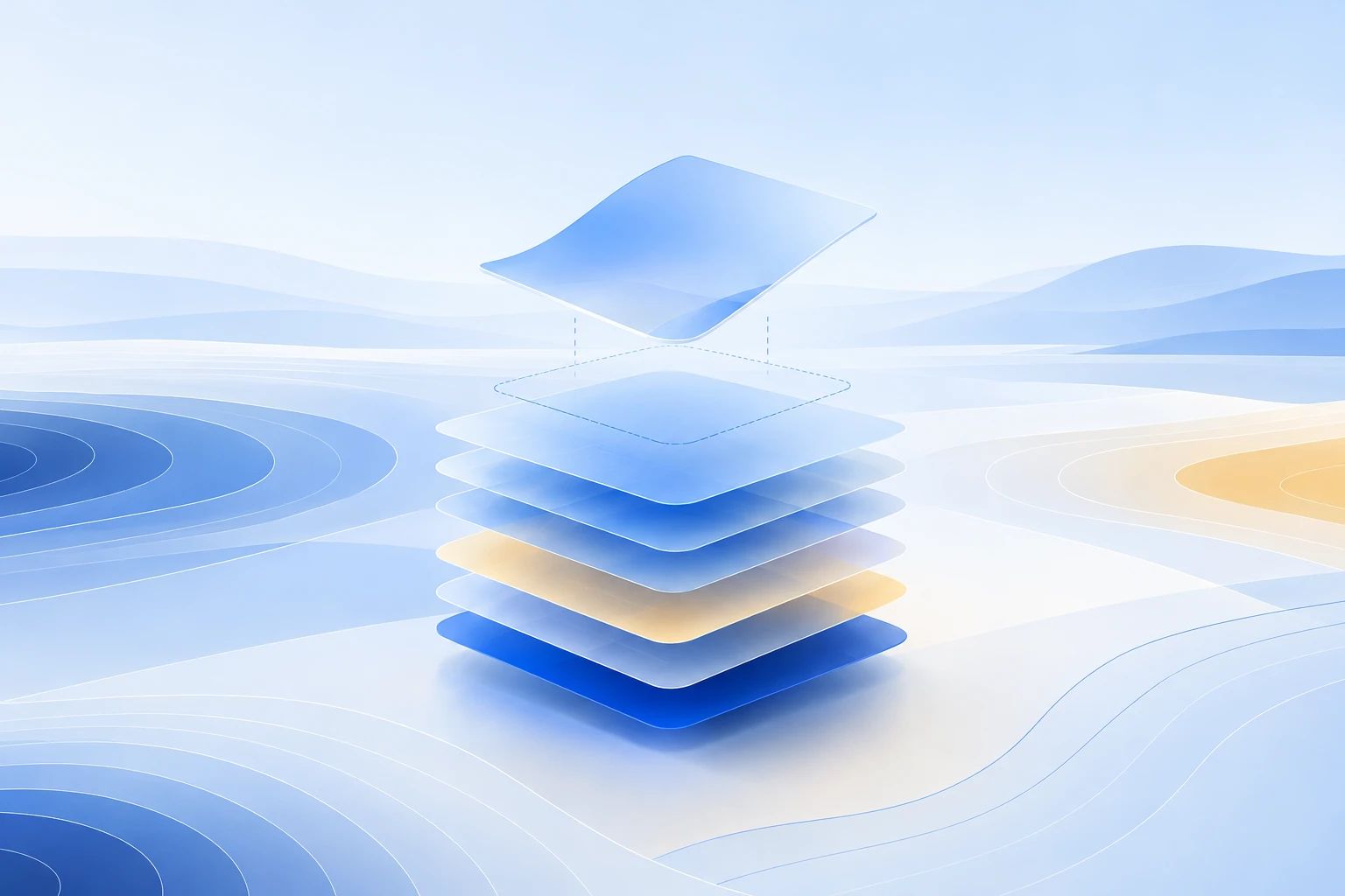 Layered translucent sheets stacked in a column, with one sheet lifting out above a matching outline below.