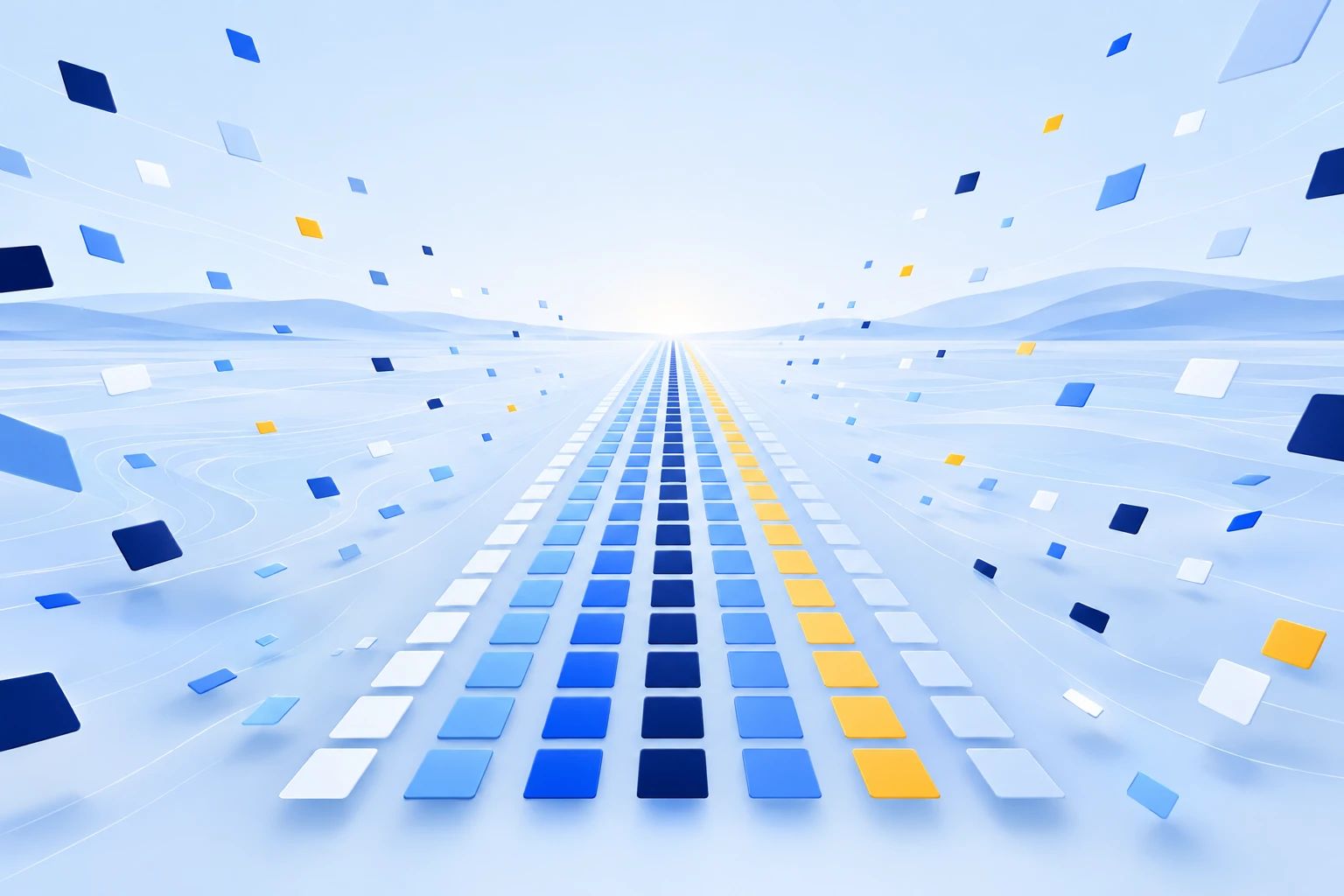 Scattered tiles from every direction gather into one orderly set of parallel lanes across an open plain.